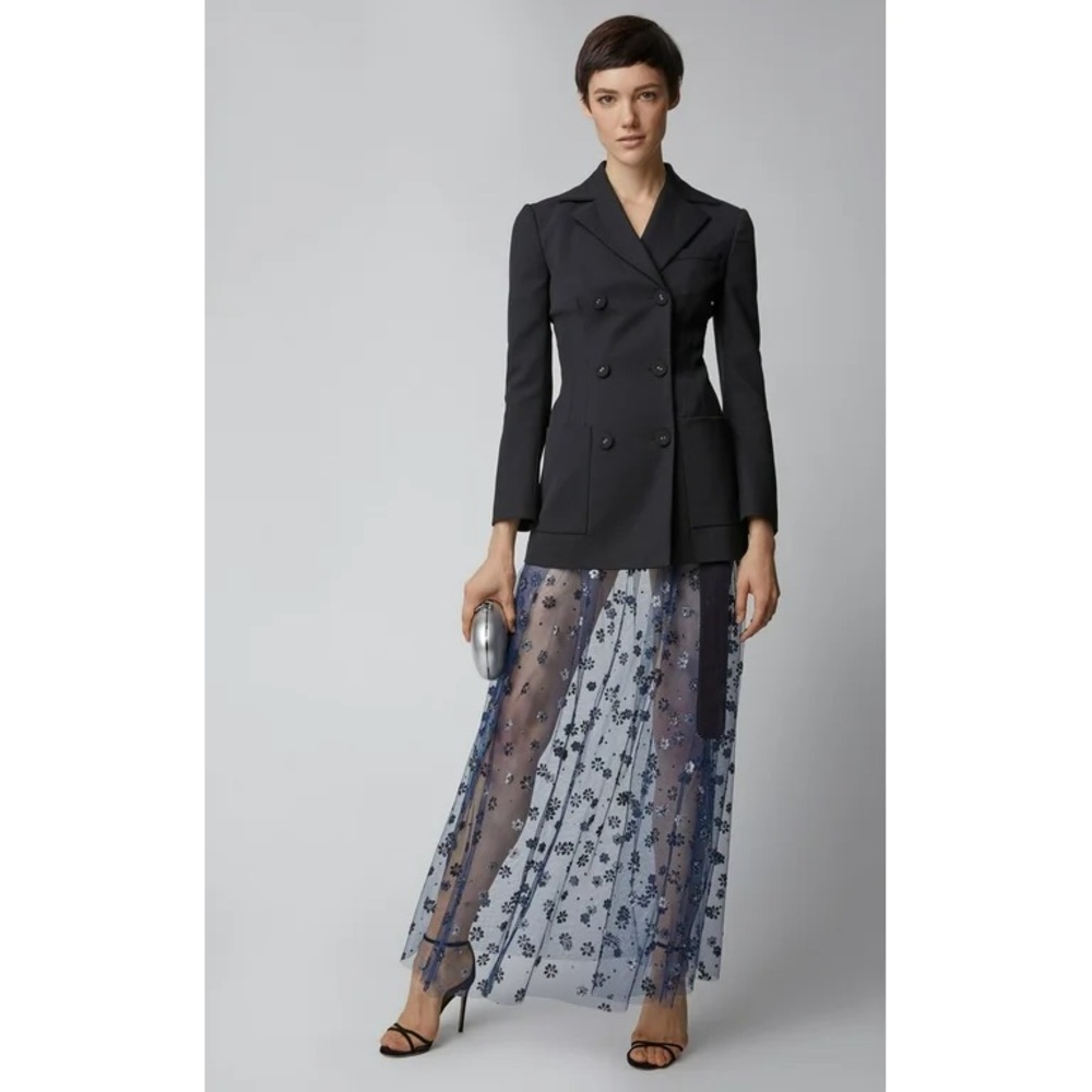 Rachel Comey Black Blazer with Sheer Blue Floral Skirt